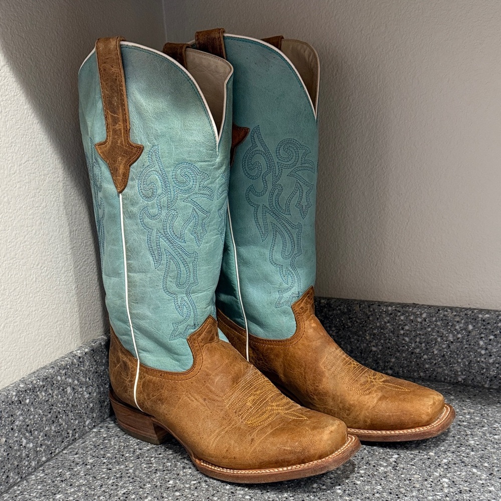 J.B. Dillon Western Cowboy Boots Women’s Turquoise and Brown Leather - Size 10B - Picture 1 of 6